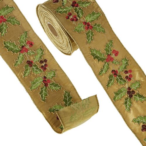 4" x 10yds Holly Embroidered Wired Ribbon