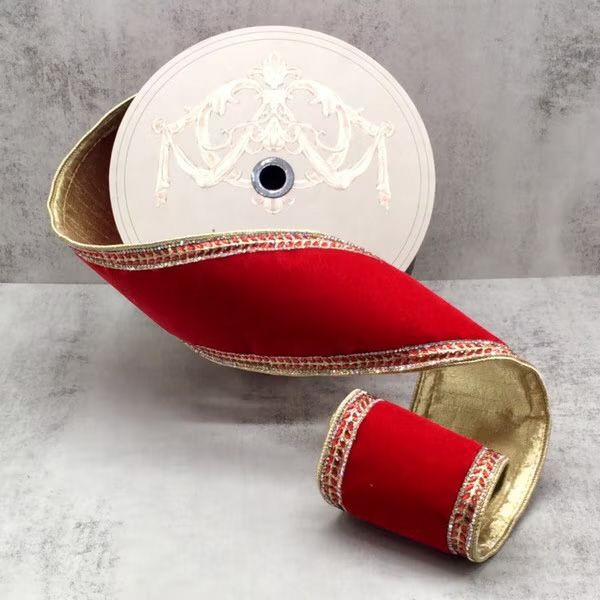 4" x 10yds Velvet Crystal Jewel Side Trim Ribbon