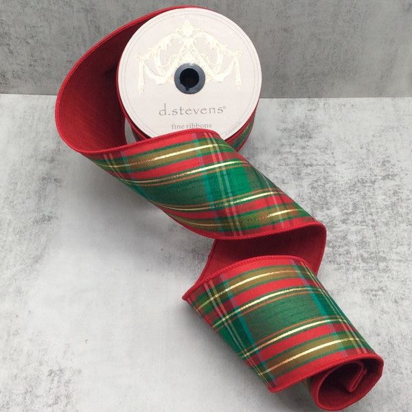 4" x 10yds Dupion Juniper Plaid Metallic Ribbon