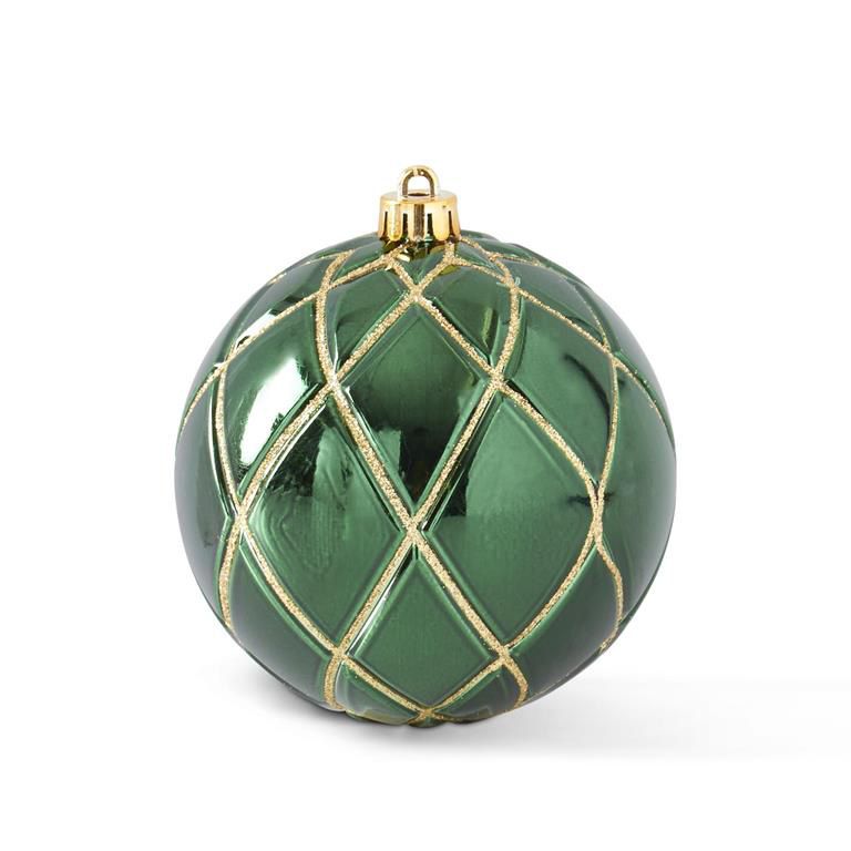 4" Green/Red Glitter Quilted Shatterproof Ornament