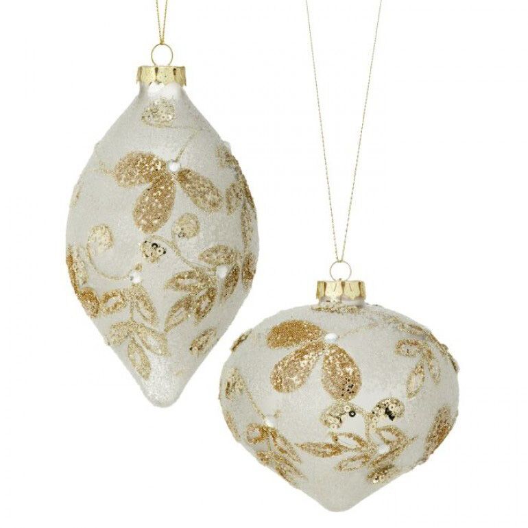 6" Ivory Gilded Glass Finial Ornament