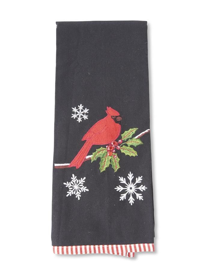 28 28" Black Tea Towel w/ Embroidered Cardinal