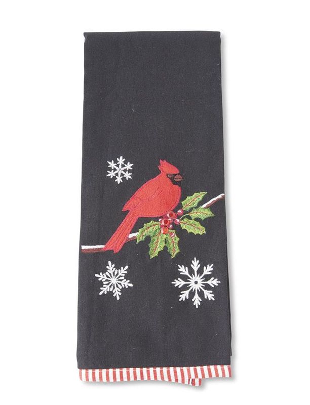 28" Black Tea Towel w/ Embroidered Cardinal