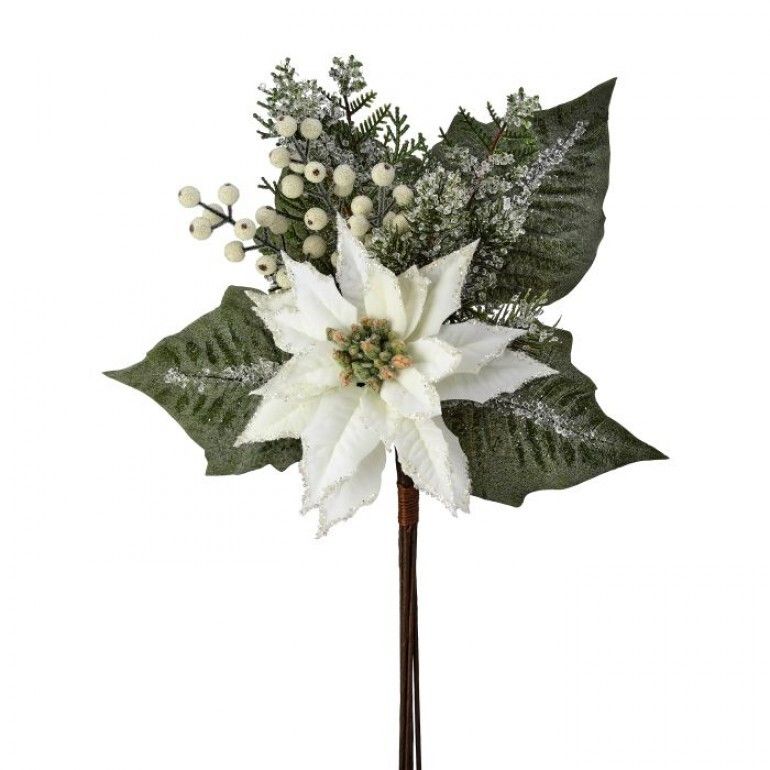20" White Velvet Poinsettia Berry Pine Pick