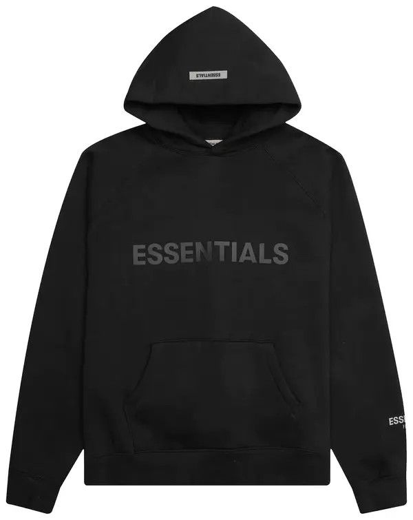 Essentials Hoodie Black Front Rubber Logo	