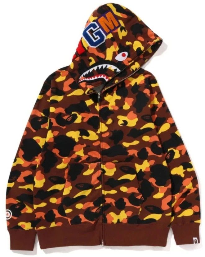 A Bathing Ape  Orange Camo 1st  Shark  Full Zip Hoodie , Size: S