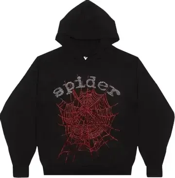 Sp5der Hoodie Rhinestone  'Black/Red Web Black'