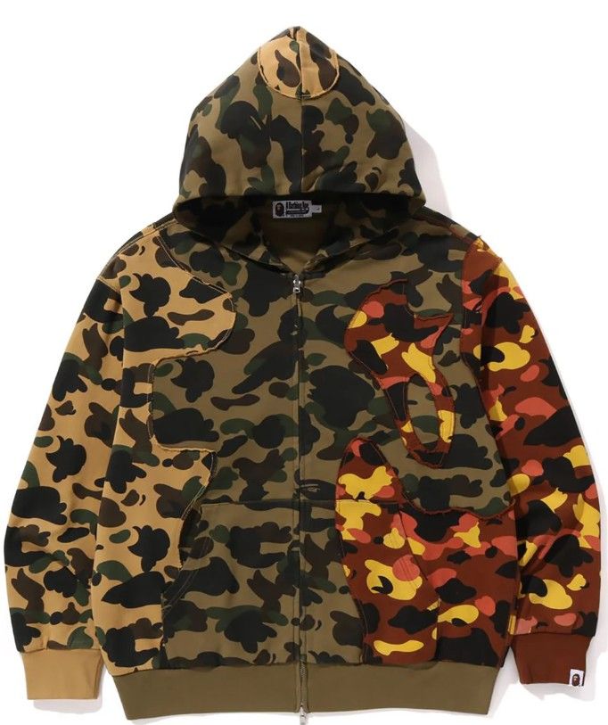 Bape Hoodie Yellow/Green/Orange Flames 1st Camo Relaxed Fit Full Zip Hoodie, Size: L
