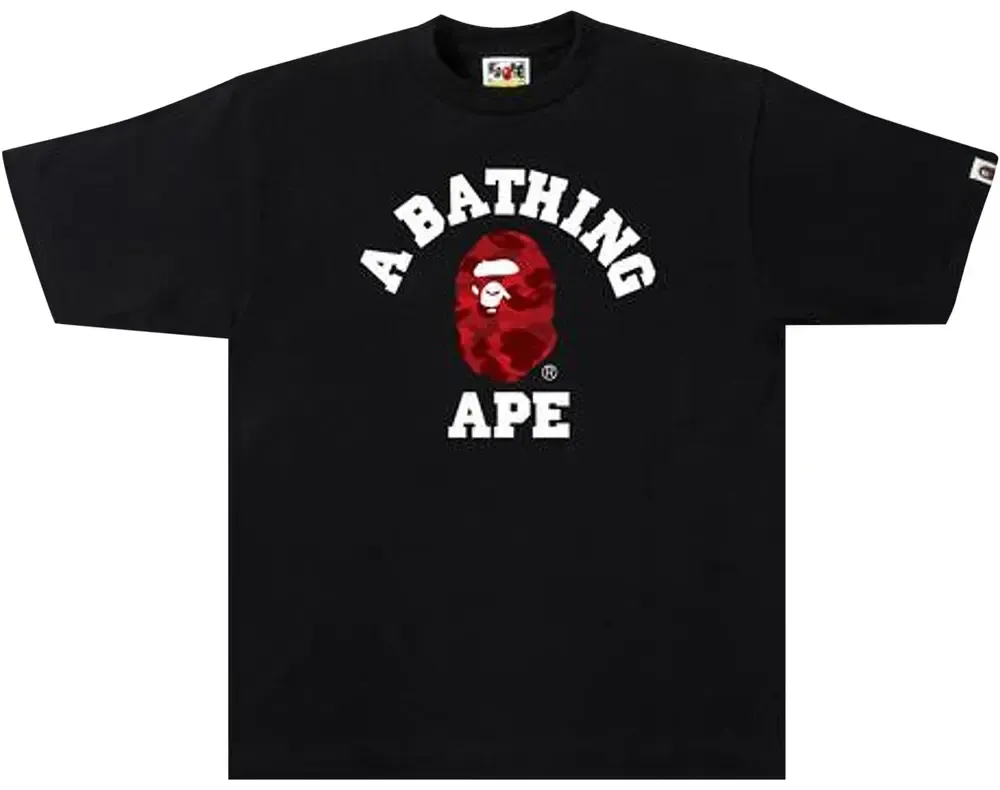 Bape Tee College Red Camo, Color: BLACK | White Letter, Size: S