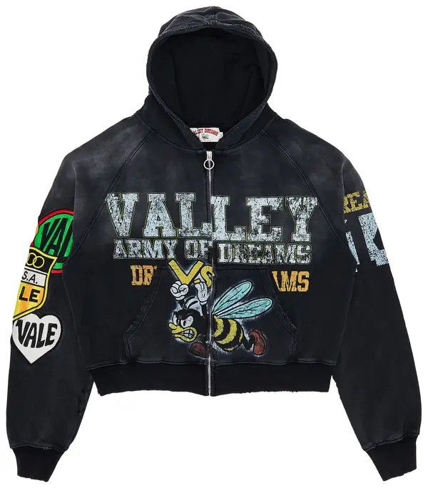 Vale Zip Up Washed Black 'Valley Dreams Army Vs. Bee Patchwork' | , Size: XL