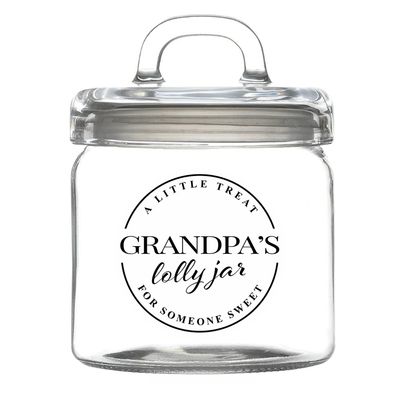 Clear glass jar with a lid, labelled Grandpa’s lolly jar - A little treat for someone sweet. Grandpa&#39;s