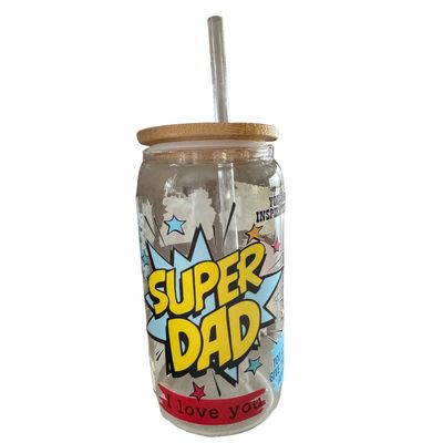 16oz Libbey glass with a bamboo lid and straw, decorated with a colorful comic book-style design reading “Super Dad” and “I love you.”