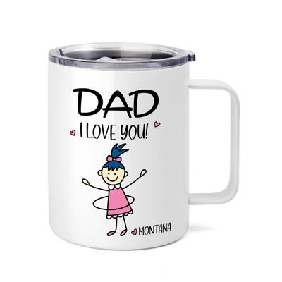 A white mug with a child illustration in a pink dress and the text “DAD, I LOVE YOU!” above, personalised with the child&#39;s name at the bottom.