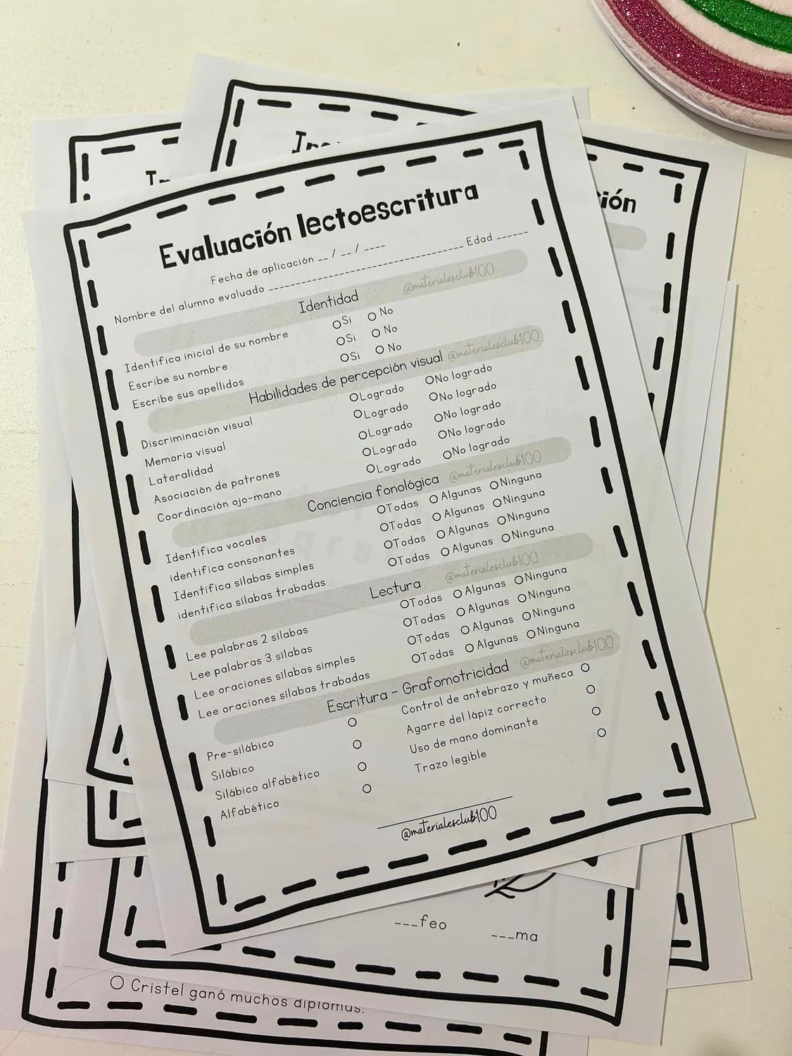 Evaluación lectoescritura + instrumentos + regalo