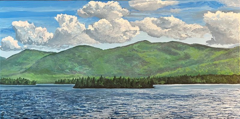 This acrylic painting on stretched canvas captures the stunning variety of greens and blues of Lake George in the summer. This view is the east shore mountains of lower Lake George, on a glorious summer day. 