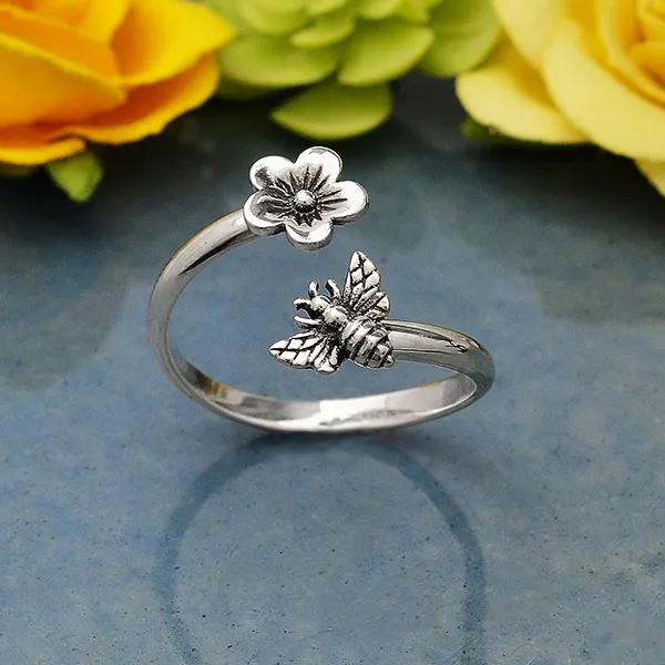 Sterling Silver Cherry Blossom flour adjustable ring with sliver Bee