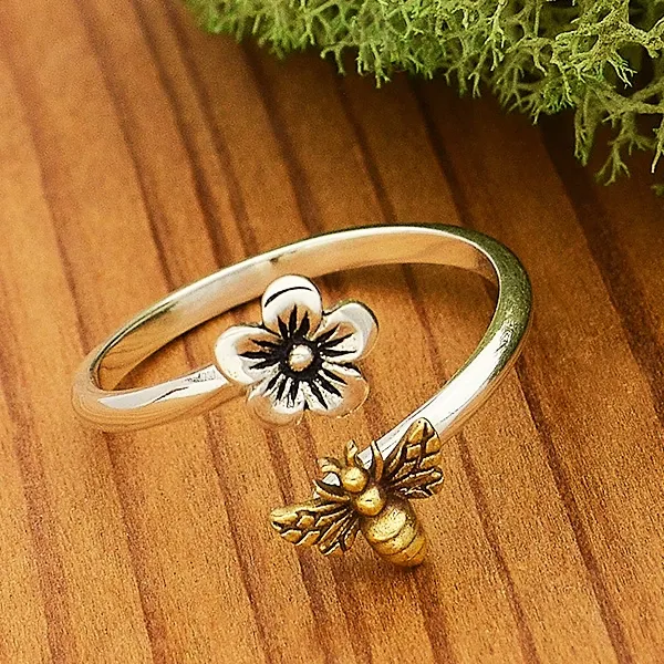 Sterling Silver Cherry Blossom flour adjustable ring with bronze Bee