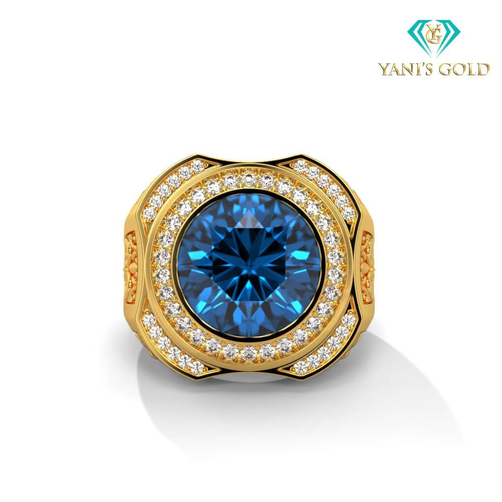 Anillo de agua marina natural con diamantes naturales de oro amarillo