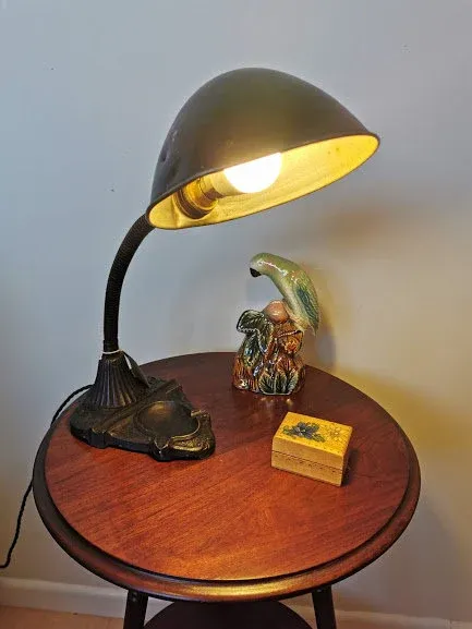 Antique Vintage Desk Lamp Features adjustable goose neck with period base. All original.