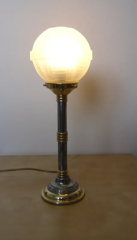 Art Deco Column Desk Lamp with Frosted Glass Brass Chrome  in A style of Star Wars Death star in my eyes