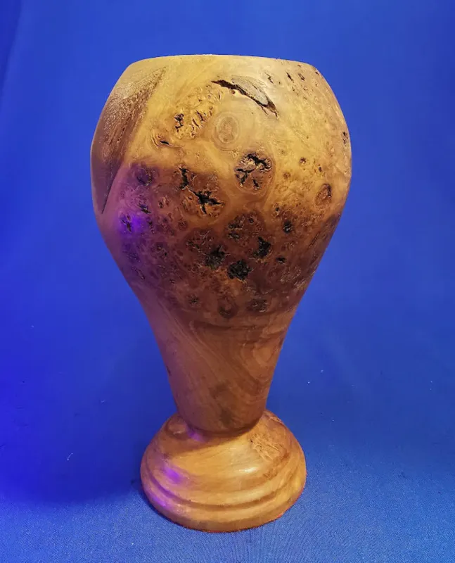 Treen Hand turned burl wood vase rich natural colours interesting grain patterns decorative