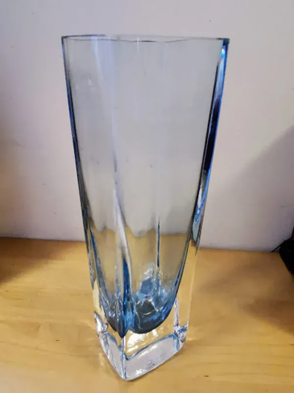 Vintage Heavy Flat Rectangular Blue and Clear Glass Vase Hand Blown