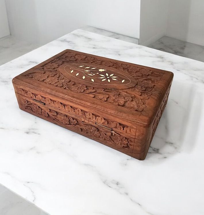 Intricately Carved Indian Wooden Jewellery Trinket Box floral Inlay Lined Interior