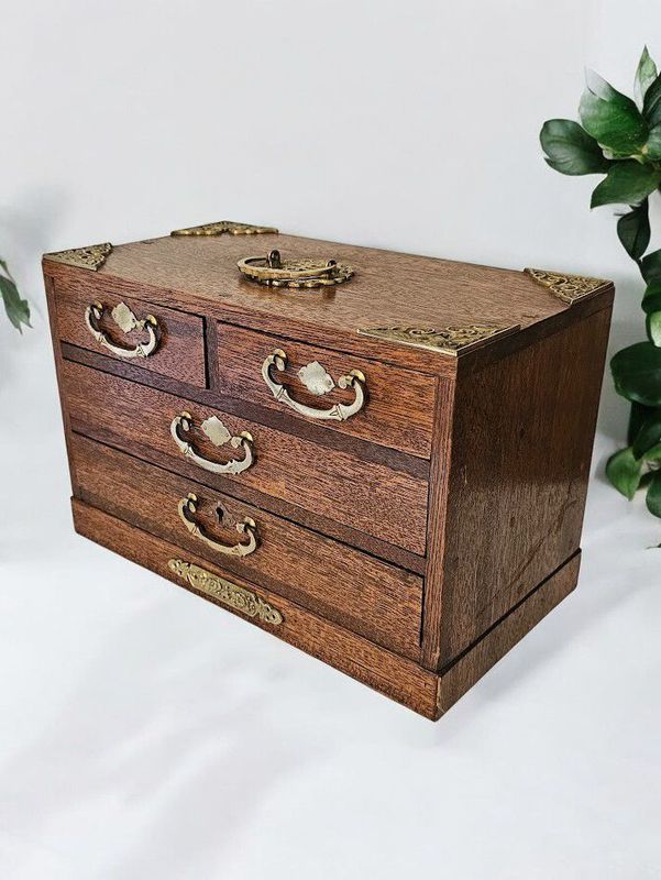 Japanese Jewellery Box Tansu Chest, Wood with Brass Hardware Velvet Lined Chest of Drawers, Vintage Trinket Box, Collectors Chest