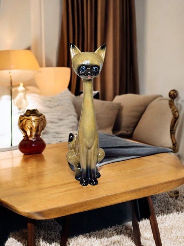 Vintage Retro large ceramic long necked Siamese Cat by JEMA Holland No 446 Lustre glazed 