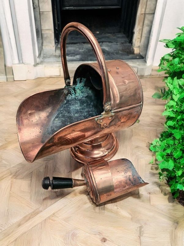 Coal Scuttle Helmet Style with Scoop Copper and Brass, Fireside Bucket Victorian, C.1880 Log Buckets Etc.