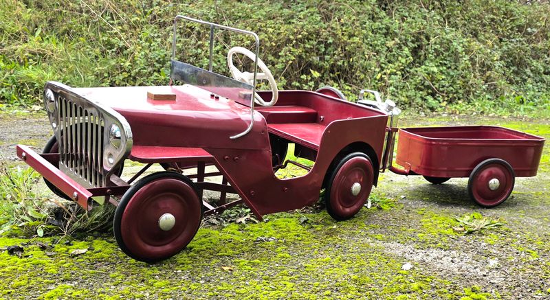 Restored Vintage Tri-ang Jeep Pedal Car & Trailer