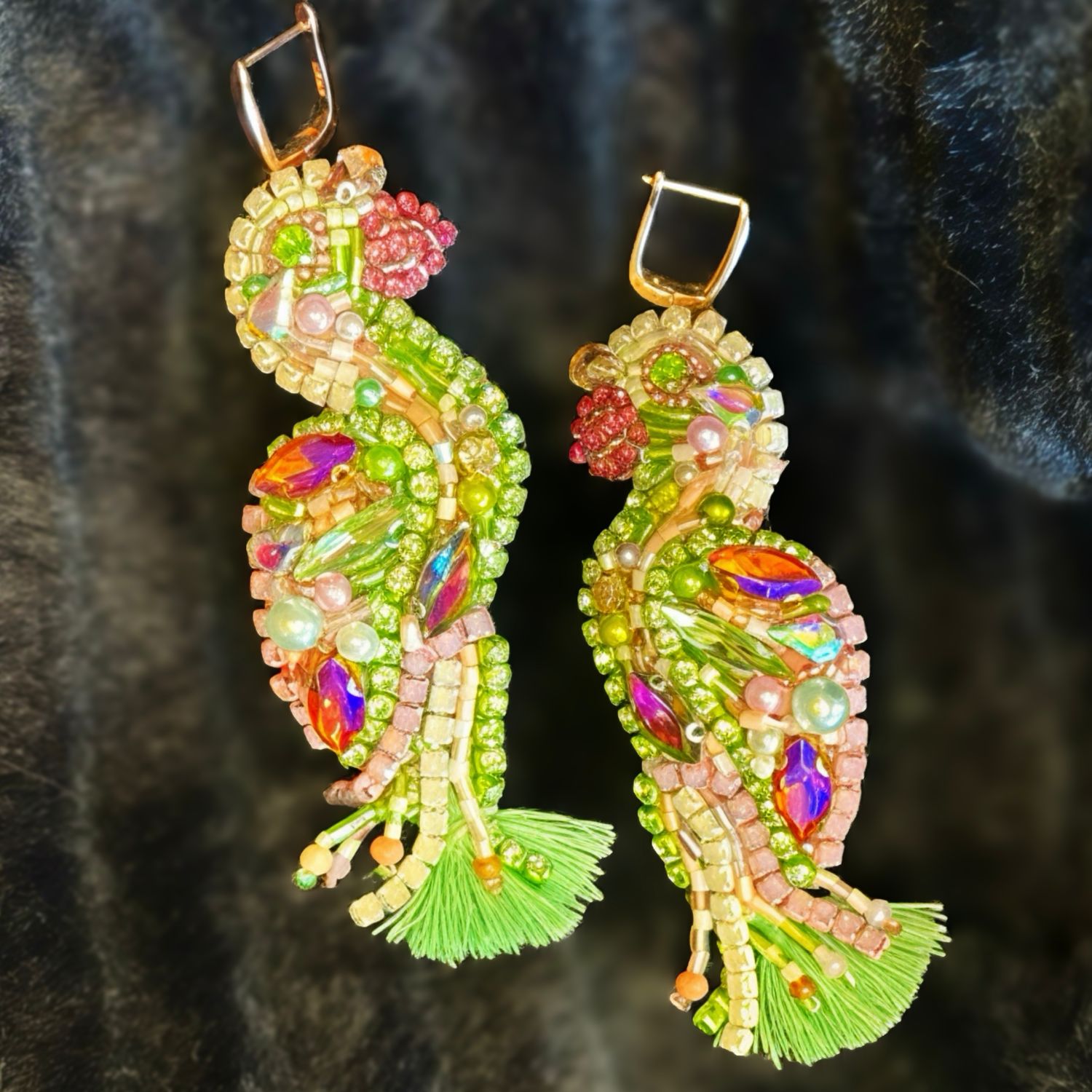 Soft rose and green Parrot earrings