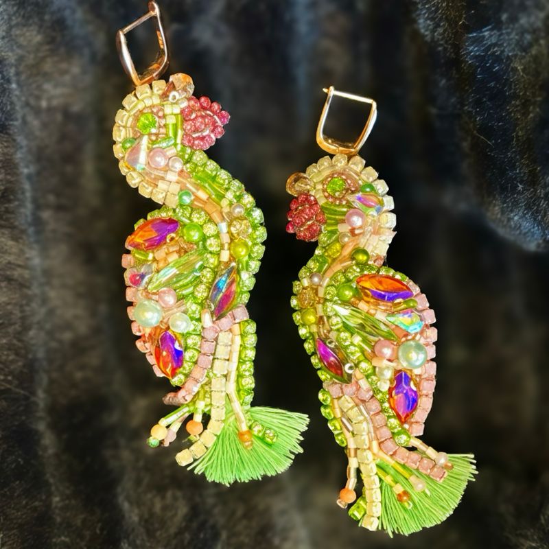 Soft rose and green Parrot earrings