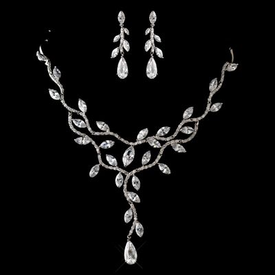 Antique Silver Clear CZ Crystal Necklace &amp; Earrings Jewelry Set