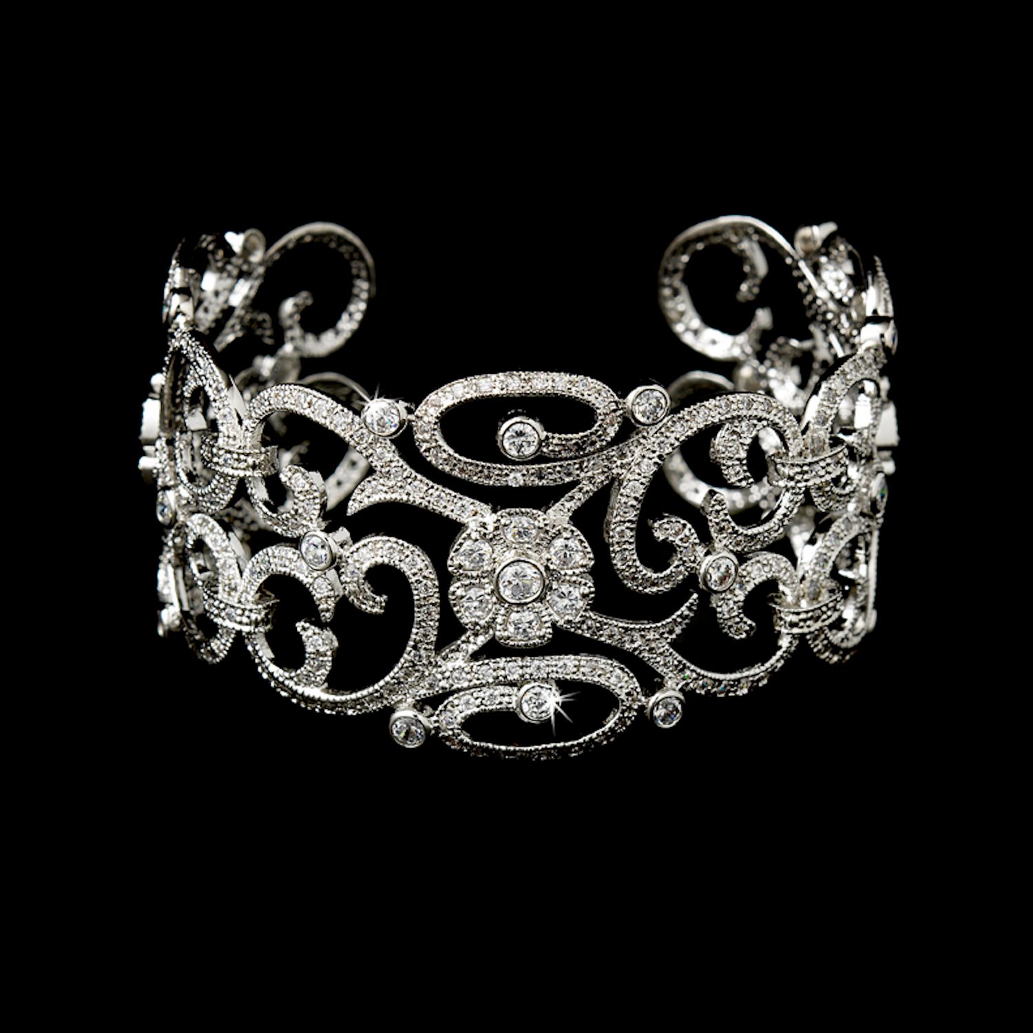 Silver Floral CZ Vintage Bangle Bracelet