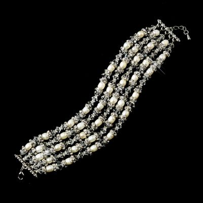Antique Silver Diamond White Freshwater Pearl Clasp Bracelet
