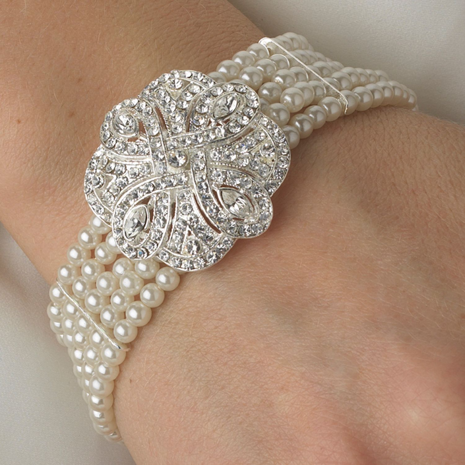 Classic Silver Clear Crystal &amp; Pearl Bridal Bracelet