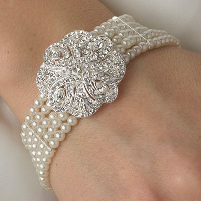 Classic Silver Clear Crystal &amp; Pearl Bridal Bracelet
