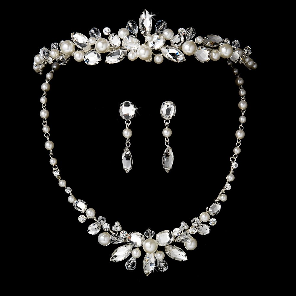 Silver Pearl Bridal Necklace Earring &amp; Tiara Set