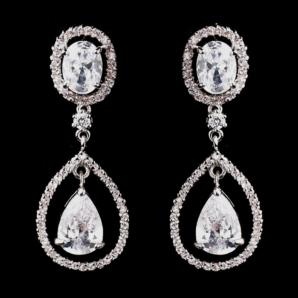 Antique Silver Clear CZ Crystal Bridal Earrings