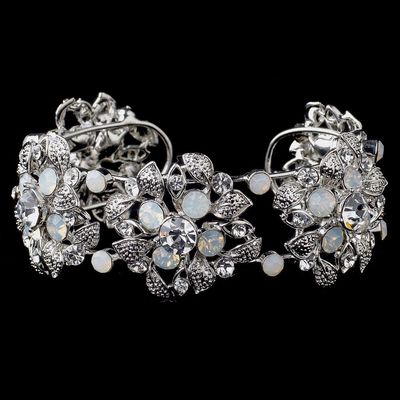 Opal Rhinestone Leaf Cuff Silver/Rhodium Bracelet