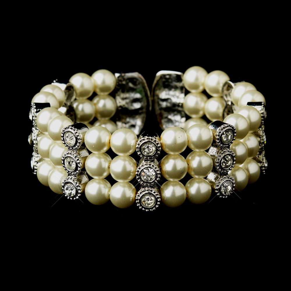Antique Silver Ivory Pearl &amp; Rhinestone Bridal Cuff Bracelet