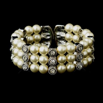 Antique Silver Ivory Pearl &amp; Rhinestone Bridal Cuff Bracelet