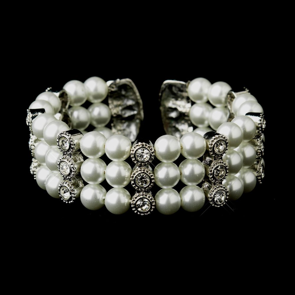 Antique Silver White Pearl &amp; Rhinestone Bridal Cuff Bracelet
