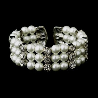 Antique Silver White Pearl &amp; Rhinestone Bridal Cuff Bracelet