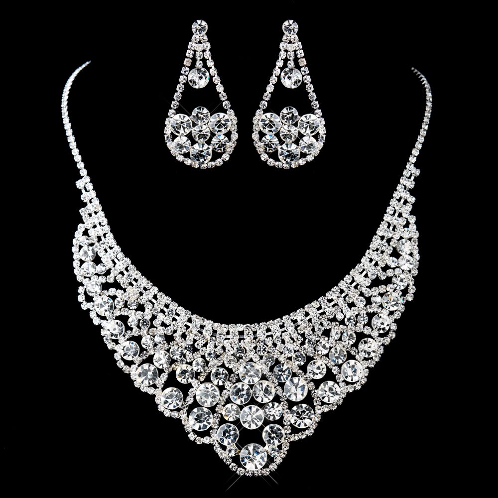 Silver Clear Rhinestone Necklace &amp; Earrings Set