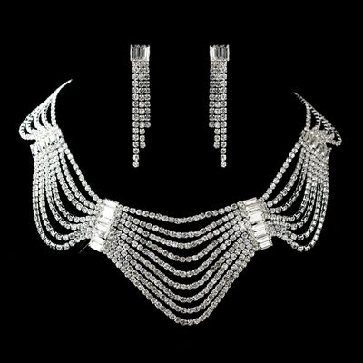 Silver Clear Rhinestone &amp; Banquette Necklace &amp; Earrings Jewelry Set
