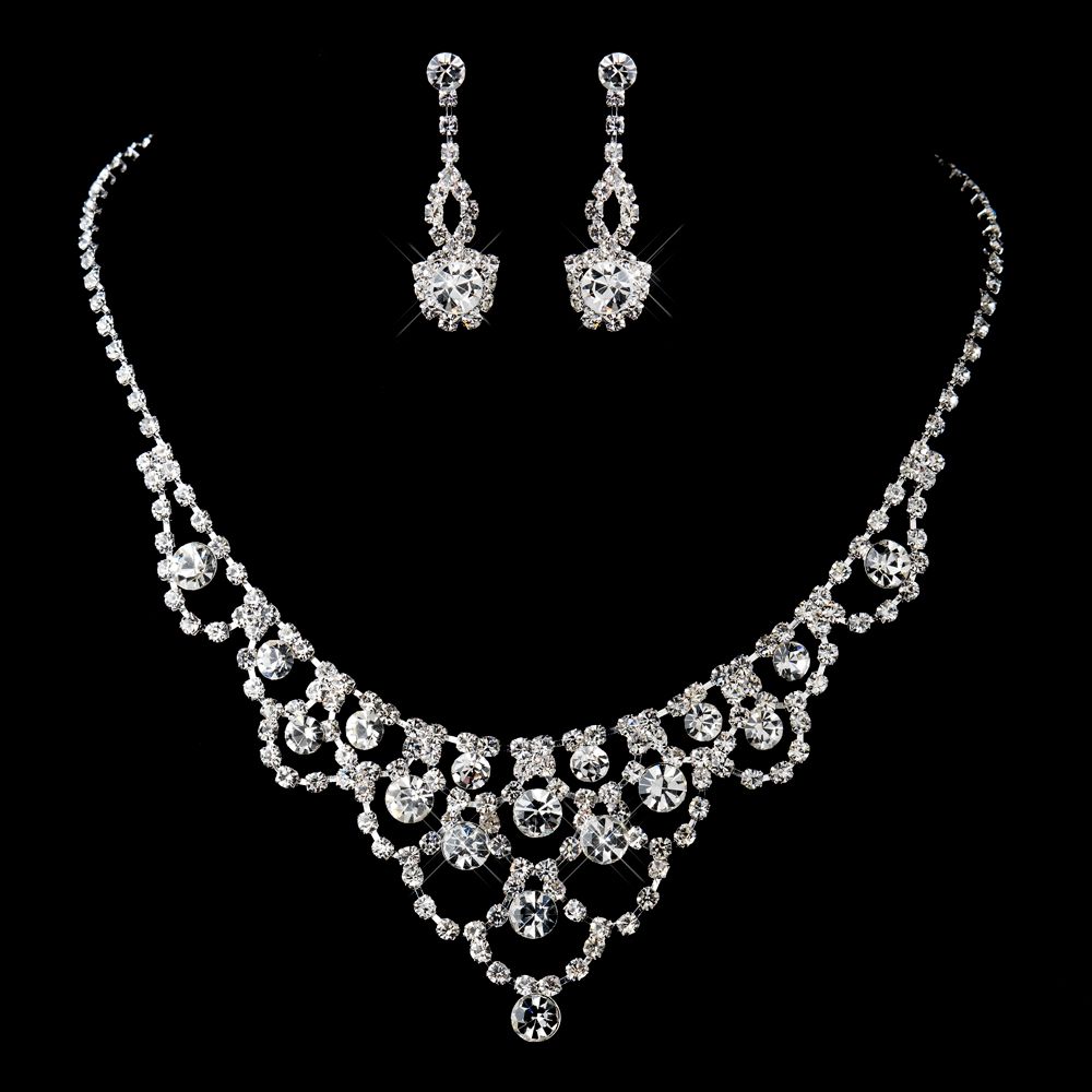 Silver Clear Rhinestone Necklace &amp; Earrings Set