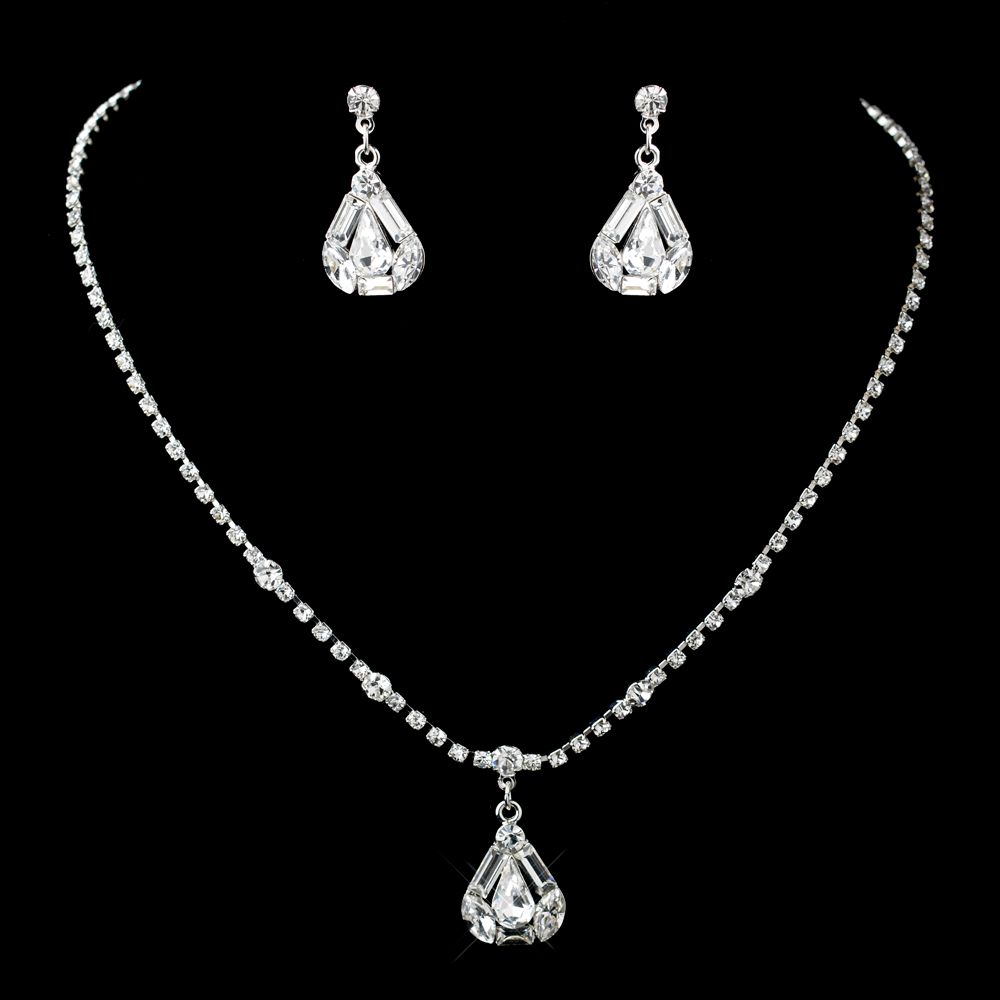 Silver Clear Rhinestone Necklace &amp; Earrings Jewelry Set