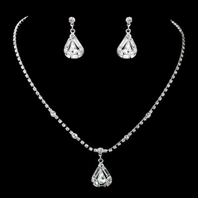 Silver Clear Rhinestone Necklace &amp; Earrings Jewelry Set